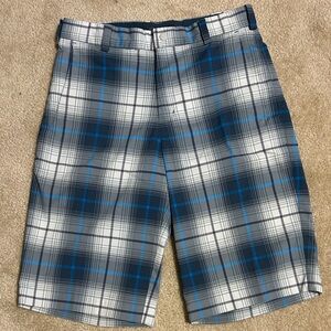 Nike Men's Blue and Gray Plaid Flat-Front Shorts